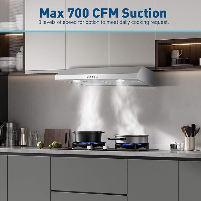 SNDOAS Under Cabinet Range Hood,30 inch Ductless Range Hood Alterable to Ducted,Stainless Steel Kitchen Exhaust Hood with 700CFM, 3-Speed Fan,Stove Vent and Oven Hood with Button Control