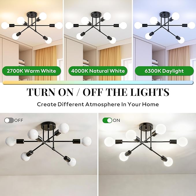 Black Sputnik Chandelier 6 Light, 22" Mid Century Modern Ceiling Light Fixture, Industrial Semi Flush Mount for Dining Room Bedroom Kitchen, E26 Base