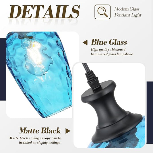 Pendant Lights Kitchen Island 2 Pack, Blue Glass Pendant Light Fixtures with Hammered Glass, Modern Hanging Light for Kitchen Sink Dining Room Bedroom