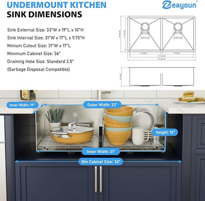 33 Inch Undermount Double Bowl Kitchen Sink 16 Gague 304 Stainless Steel Double Handmade Sinks 50/50 Large Deep Double Bowl Sinks 33"x19"x10"
