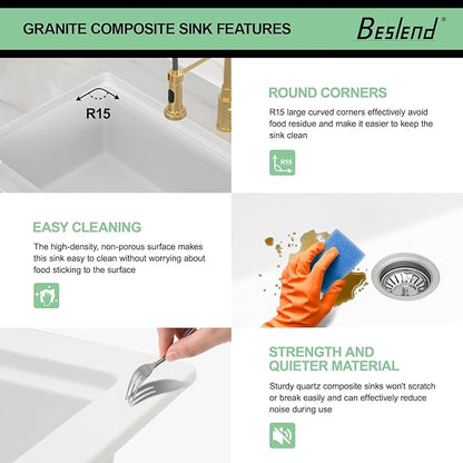 32 Granite Composite Kitchen Sink - 32x19 Inch White Granite Kitchen Sink Undermount White Quartz Sinks Ledge Workstation Classic Under Counter Single Bowl Basin