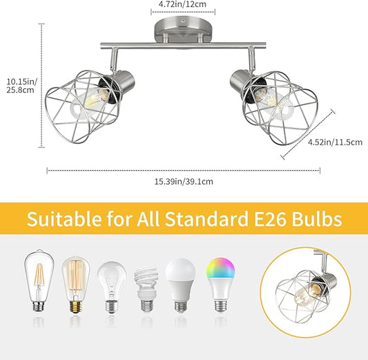 WILON Industrial Track Lighting Kit, 2 Light Modern Track Lighting Fixtures Brushed Nickel Flush Mount Ceiling Light Rotatable Light Head E26 Base Ceiling Spotlight for Kitchen Dining Room Hallway