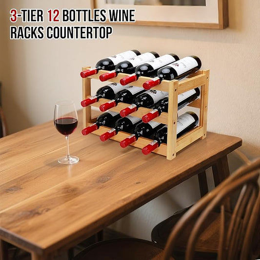 Bamboo Wine Rack, 3-Tier 12 Bottles Wine Storage Cabinet Shelf, Easy-Assembly Freestanding Bamboo Wine Racks Countertop for Kitchen Pantry Dining Room Bar, Natural