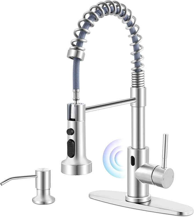 Herogo Touchless Kitchen Faucets with Soap Dispenser, Motion Sensor Activated Commercial Stainless Steel Sink Faucets with Pull Down Sprayer for Vanity RV, Brushed Nickel