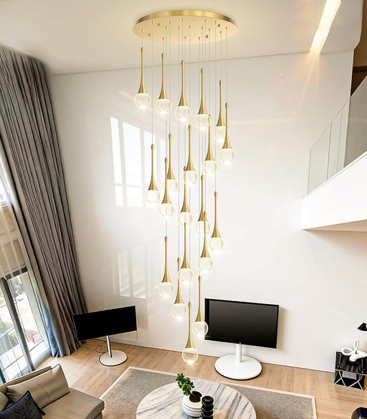 20 Light Crystal Chandelier for High Ceiling Dimmable LED Pendant Lights with Remote Adjustable Chandeliers for Staircase Foyer Living Room Gold