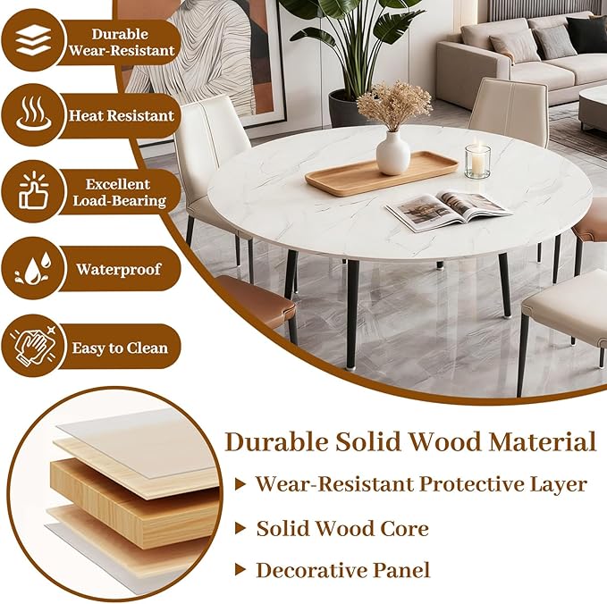 Wood Round Foldable Table Top Only Large Portable Tabletop for Desktop Transformation 47 51 55 59 63 71 inch 4-Fold Folding Round Table Top Extender Space Saving for Family Dinners(White Marble,55")