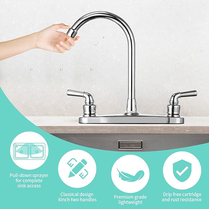 RV Non-Metallic Kitchen Faucet Two Handle-8" Main Body-High Arch-360 Swivel Replace for Motorhomes, Travel Trailers,Campers (8" HIGH Arch)