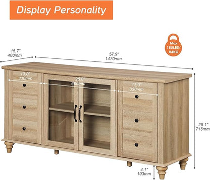 WAMPAT Farmhouse Sideboard Buffet Cabinet with Glass Door & Adjustable Shelf, Wooden Coffee Bar Table with Solid Wood Leg, Kitchen Storage Cabinet for Dining Room, Oak, 58 Inch