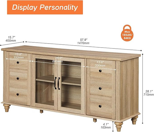 WAMPAT Farmhouse Sideboard Buffet Cabinet with Glass Door & Adjustable Shelf, Wooden Coffee Bar Table with Solid Wood Leg, Kitchen Storage Cabinet for Dining Room, Oak, 58 Inch