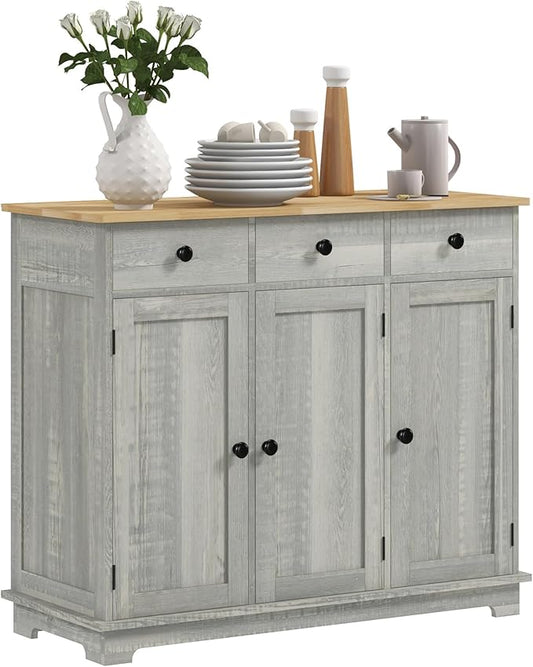 HOMCOM Sideboard Buffet Cabinet with Solid Wood Countertop, Modern Kitchen Storage Cabinet, Coffee Bar Cabinet with 3 Drawers, Doors and Adjustable Shelf, Distressed Light Gray