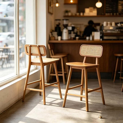 Farmhouse Wooden Barstools, Set of 2 Rattan Back Island Chairs, Counter Height Rattan Bar Stools for Kitchen Island