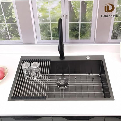 33x22 Black Drop In Kitchen Sink, Delironexu 16 Gauge 304 Black Stainless Steel Top Mount Kitchen Sink, 33 Inch Single Bowl Black Kitchen Sink with Accessories