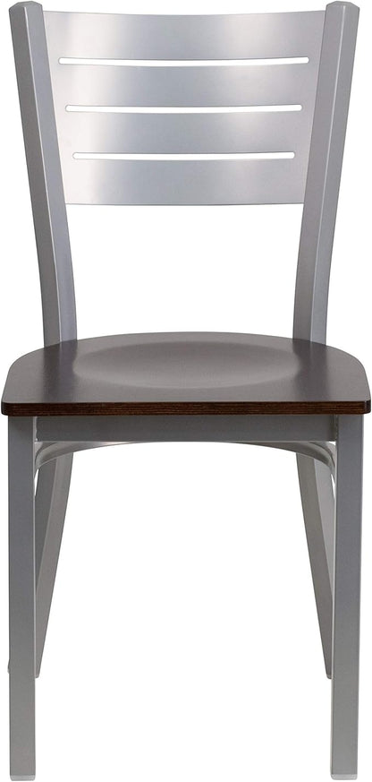 Flash Furniture 2 Pk. HERCULES Series Silver Slat Back Metal Restaurant Chair - Walnut Wood Seat