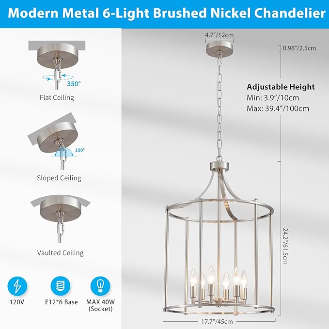 XINGQI 17.7" Brushed Nickel Chandeliers for Dining Room Cage 6-Light Hanging Lantern Pendant Lighting Fixture Metal Farmhouse Geometric Chandelier for Kitchen Island Entryway Living Room