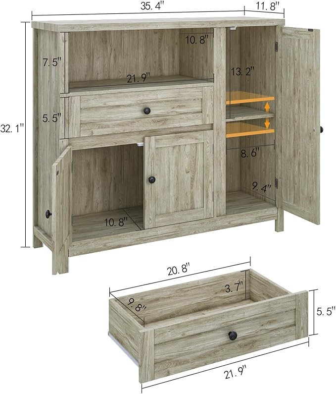 Viaozutis Storage Cabinet with Doors and Drawers,Kitchen Storage Cabinets，with Drawer and Adjustable Shelf（Grey）