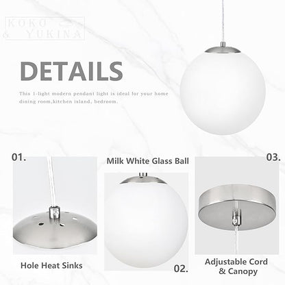 KoKo&Yukina 10 Inch Pendant Light Nickel Globe Pendant Lights Kitchen Island Mid Century Light Fixture Adjustable Globe Pendants Lights with Milky White Glass Shade for Dining Room Living Room