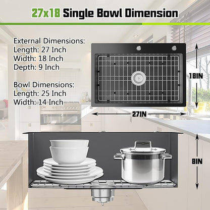Black Kitchen Sink, 27x18 Inch Stainless Steel Drop In Modern Single Bowl Topmount Kitchen And Bar Sink Combo-SS Grid,Spoon Rest,Drain Strainer Set Compatibility With Various Kitchen&Bar Style
