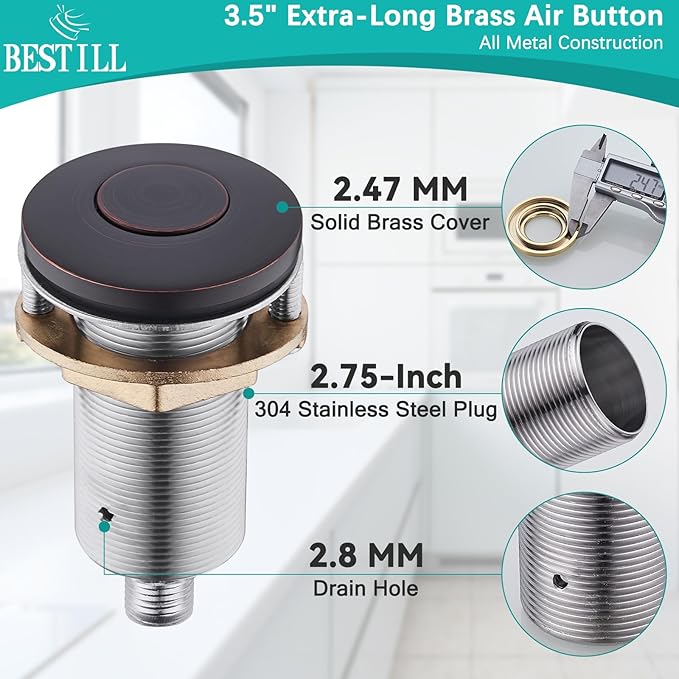 BESTILL Garbage Disposal Air Switch Kit - All Metal, UL Listed Long Push Button for Waste Disposer, Single Outlet Sink Top Solid Brass Air On/Off Button, Oil Rubbed Bronze