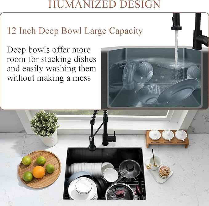 24 Inch Undermount Laundry Sink with Faucet Combo-Bokaiya 24x18x12 Black Stainless Steel Laundry Utility Sink Outdoor 16 Gauge Deep Single Bowl Laundry Room Sink