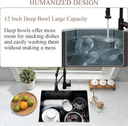 24 Inch Undermount Laundry Sink with Faucet Combo-Bokaiya 24x18x12 Black Stainless Steel Laundry Utility Sink Outdoor 16 Gauge Deep Single Bowl Laundry Room Sink