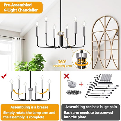 6-Light Farmhouse Chandelier for Dining Room Lighting Fixtures Hanging, Black and Silver Dining Light Fixtures Industrial Chandelier for Bedroom, Foyer, Hall, Kitchen, Living Room and Entryway