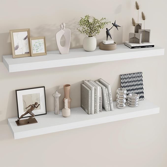 Dreamland 48 Inch Long Floating Shelves in White,9.3 Inch Deep Floating Shelf for Wall,Large Display & Storage Shelf, Wall Shelf for Bathroom Bedroom Living Room Kitchen Office，Set of 2