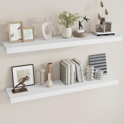 Dreamland 48 Inch Long Floating Shelves in White,9.3 Inch Deep Floating Shelf for Wall,Large Display & Storage Shelf, Wall Shelf for Bathroom Bedroom Living Room Kitchen Office，Set of 2