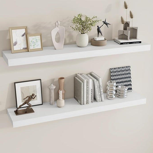 Dreamland 48 Inch Long Floating Shelves in White,9.3 Inch Deep Floating Shelf for Wall,Large Display & Storage Shelf, Wall Shelf for Bathroom Bedroom Living Room Kitchen Office，Set of 2