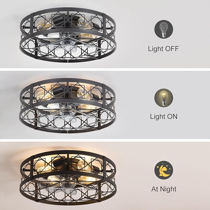 ZYD Caged Ceiling Fan with Light, 20" Ceiling Fan with Lights and Remote Flush Mount, Bladeless Caged Ceiling Fans with Lights, Matte Black Rustic Fan for Bedroom, Kitchen, Dining Room