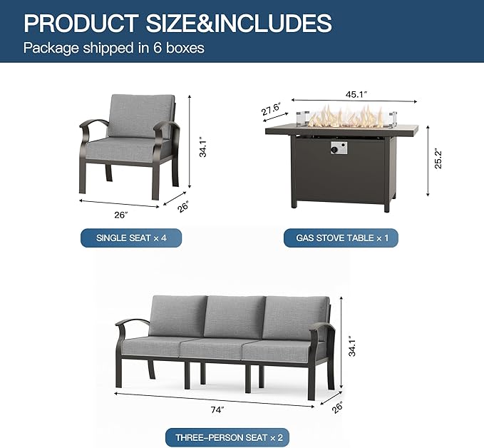 Metal Outdoor Patio Furniture Set for 10,Aluminum Patio Sectional Set w/Propane Fire Pit Table,Outside Furniture w/Removable Sponge Cushion for Porch, Balcony, Yard,Gray