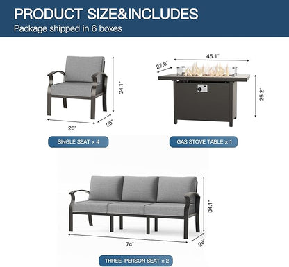 Metal Outdoor Patio Furniture Set for 10,Aluminum Patio Sectional Set w/Propane Fire Pit Table,Outside Furniture w/Removable Sponge Cushion for Porch, Balcony, Yard,Gray