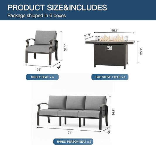 Metal Outdoor Patio Furniture Set for 10,Aluminum Patio Sectional Set w/Propane Fire Pit Table,Outside Furniture w/Removable Sponge Cushion for Porch, Balcony, Yard,Gray