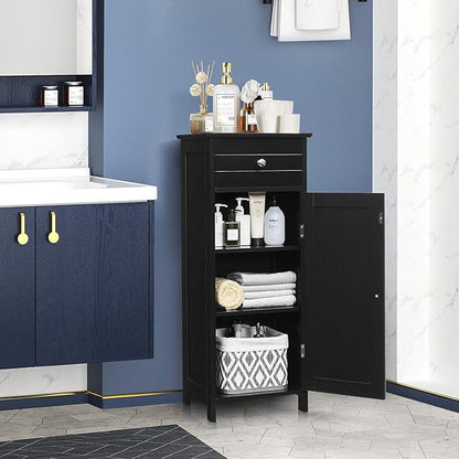 Bathroom Floor Cabinet, Freestanding Side Floor Storage Cabinet, 1 Large Drawer and 2 Adjustable Shelves, Modern Storage Cabinet Bathroom Storage Cabinet for Narrow Space (Black)