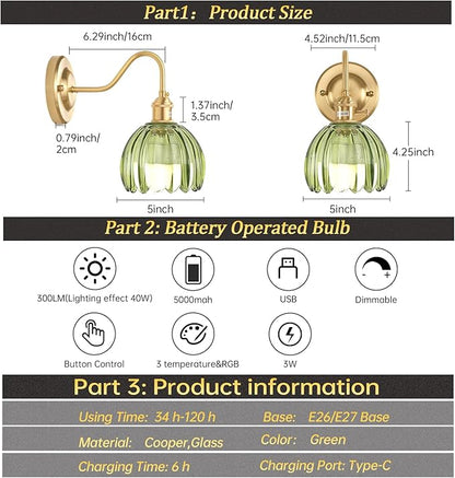 Shenmoyl Vintage Battery Operated Wall Sconce, 5000mAh Rechargeable Wall Light, Indoor Battery Powered Wall Lamp for Bedside Bedroom Living Room, Tulip Green