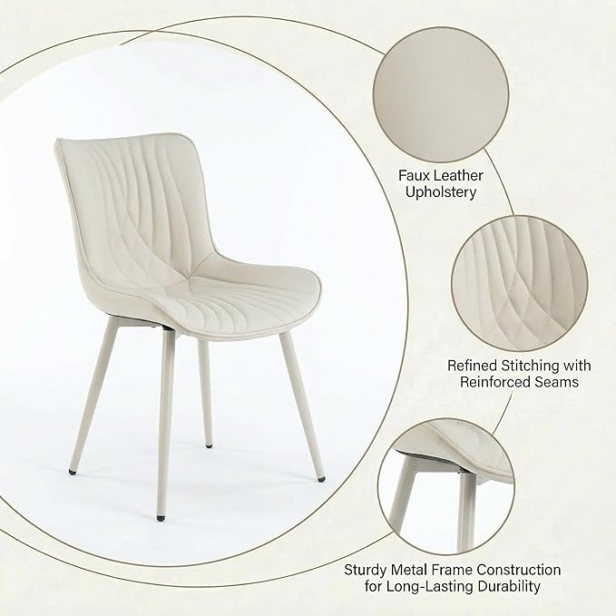 Kidol & Shellder Dining Chairs Set of 2, Mid Century Modern Kitchen Chairs with Metel Legs, PU Leather Upholstered Side Chair for Dining Room, Living Room, Lounge, Restaurant, Cream
