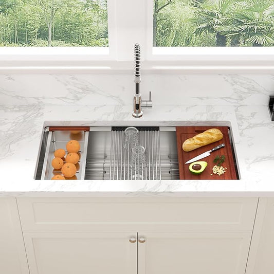 Sarlai 39 Kitchen Sink Undermount - 39 x 19 Inch Undermount Sink Ledge Workstation Deep Single Bowl 16 Gauge Stainless Steel Under Counter Kitchen Sinks Basin