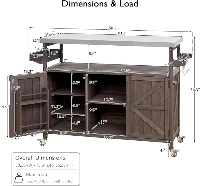 Modern Dining Table Outdoor Kitchen Island with Cabinet, Rolling Bar Cart, Farmhouse Solid Wood Grill Table with Stainless Steel Top, Spice Rack, Towel Rack for Kitchen Dining Room Tables,Brow