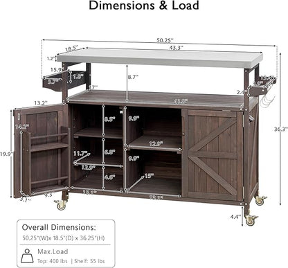 Modern Dining Table Outdoor Kitchen Island with Cabinet, Rolling Bar Cart, Farmhouse Solid Wood Grill Table with Stainless Steel Top, Spice Rack, Towel Rack for Kitchen Dining Room Tables,Brow