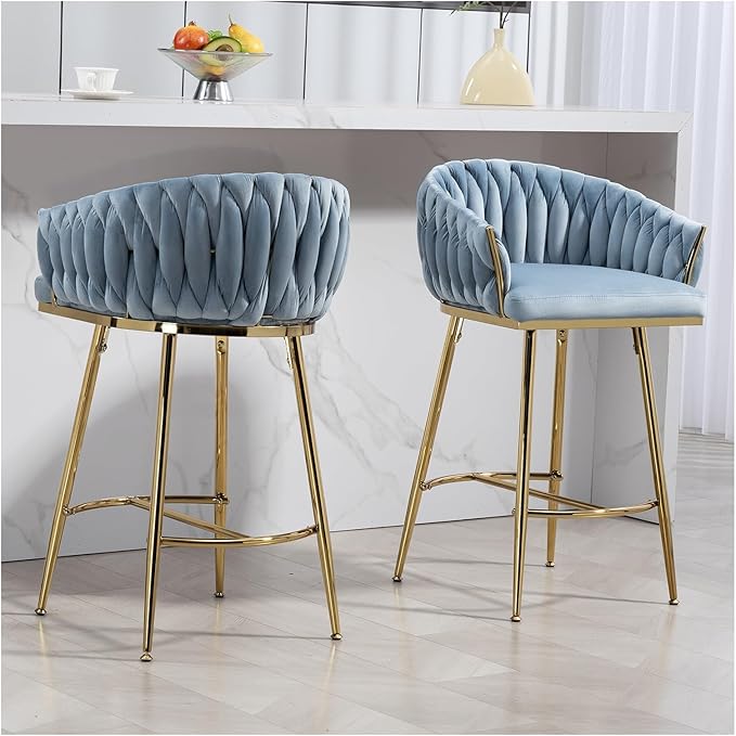 26'' Counter Height bar stools Set of 2 Kitchen Island Counter bar Stool with Hand- Wave Back, Golden Chromed Base and footrest,for Living Room