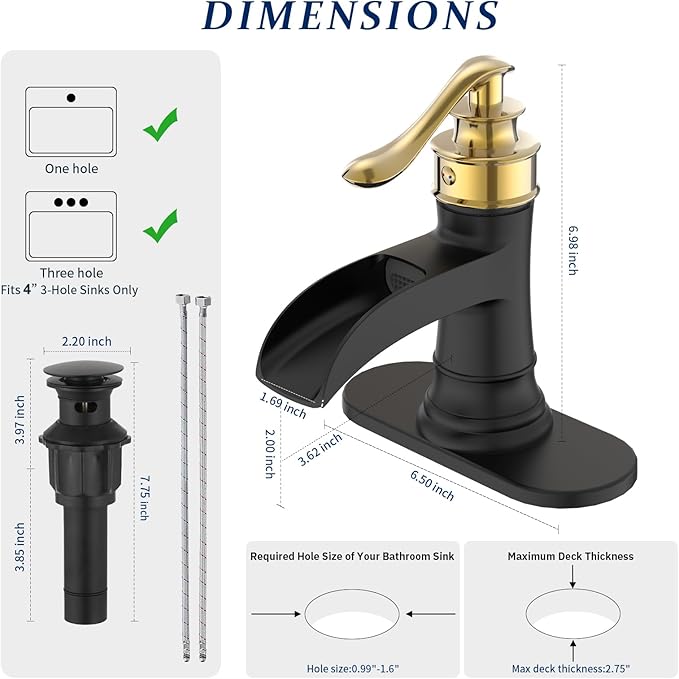 BWE Bathroom Sink Faucet Gold with Matte Black Waterfall Farmhouse Vanity Lavatory Single Hole Faucets One Handle Bath Antique Mixer with Water Supply Line