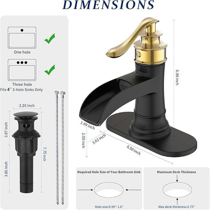 BWE Bathroom Sink Faucet Gold with Matte Black Waterfall Farmhouse Vanity Lavatory Single Hole Faucets One Handle Bath Antique Mixer with Water Supply Line