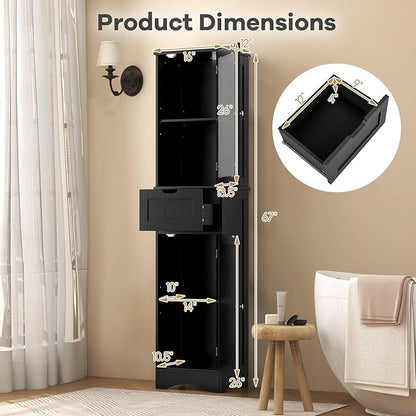 Tangkula 67" Tall Bathroom Storage Cabinet, Slim Freestanding Tower w/ 2 Doors & 1 Drawer, Narrow Floor Cabinet w/Adjustable Shelves & Tempered Glass Door for Bathroom Living Room (Black)