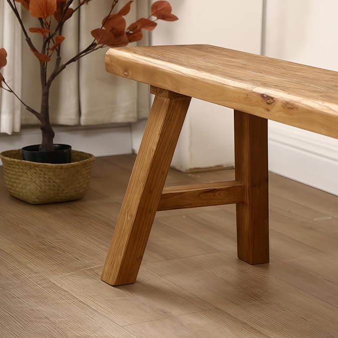 Kavie Solid Wood Bench, Modern A-Frame Dining Bench, Sturdy Natural Finish Stool for Entryway, Kitchen Island, Living Room & Wabi Sabi Style Decor (Natural,55.1" L*10.2" W*17.7" H)