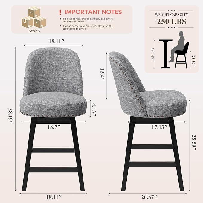 MALOL Swivel Bar Stools Set of 6, Upholstered Fabric Mid Century Mondern Barstools, 26 inch Counter Height Bar Chairs with Solid Back and Wood Legs, for Kitchen Island，Dark Grey