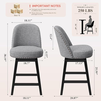 MALOL Swivel Bar Stools Set of 6, Upholstered Fabric Mid Century Mondern Barstools, 26 inch Counter Height Bar Chairs with Solid Back and Wood Legs, for Kitchen Island，Dark Grey