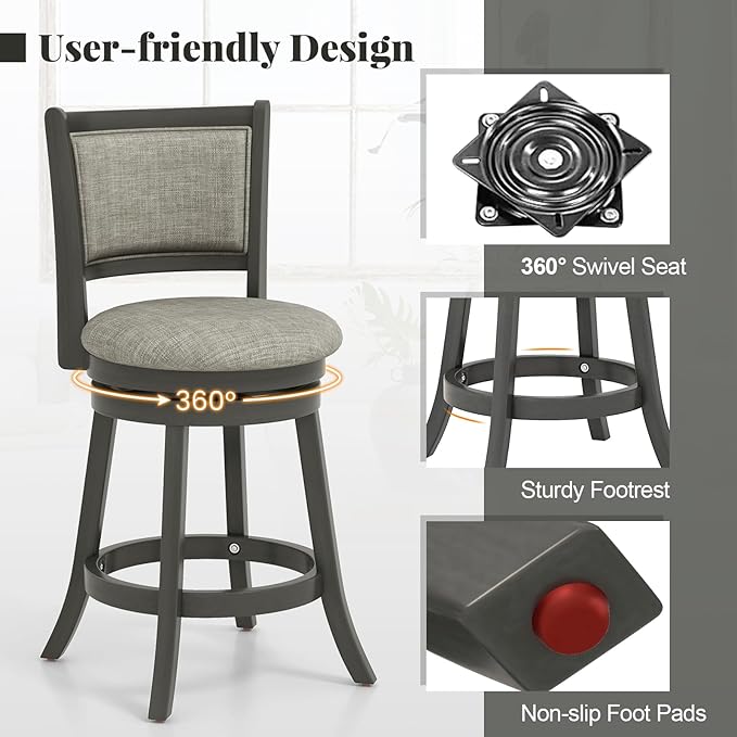 Giantex Swivel Counter Height Bar Stools Set of 2, 26.5" Upholstered Vintage Barstools w/Back, Linen Seat, Footrest, Farmhouse Wooden Counter Height Chairs for Kitchen Island Dining Room, Grey