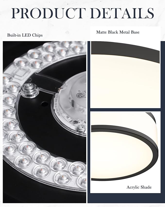 LED Flush Mount Ceiling Light, 15 inch, 24W Dimmable 3000K 4000K 5000K Matte Black Modern Round Ceiling Light Fixture for Kitchen, Hallway, Bathroom, Stairwell, LMS-054