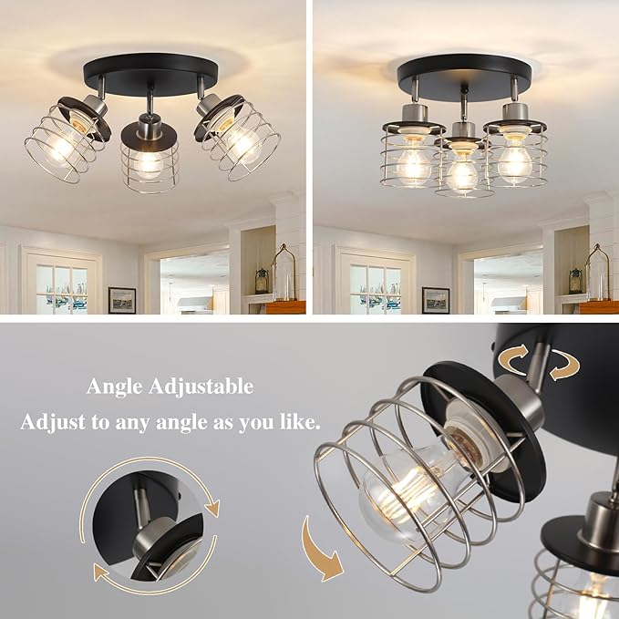 Brushed Nickel Kitchen Light Fixture Ceiling Mount, Semi Flush Mount Ceiling Light, Multi-Directional Track Ceiling Lighting for Kitchen Farmhouse Hallway Dining Room Entryway (Black & Brushed Nickel)