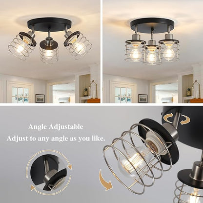 Brushed Nickel Kitchen Light Fixture Ceiling Mount, Semi Flush Mount Ceiling Light, Multi-Directional Track Ceiling Lighting for Kitchen Farmhouse Hallway Dining Room Entryway (Black & Brushed Nickel)
