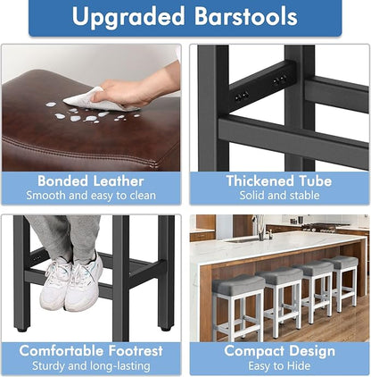 Raynesys Counter Height Bar Stools Set of 3, 24 Inch Barstools for Kitchen Island Counter, Bonded Leather Kitchen Stools with Thick Saddle Seats & Heavy Duty Metal Base, Easy Assembly, Brown/Black